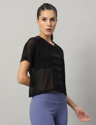 MKH Black Mesh Crop T-Shirt Women Breathable Workout Essential