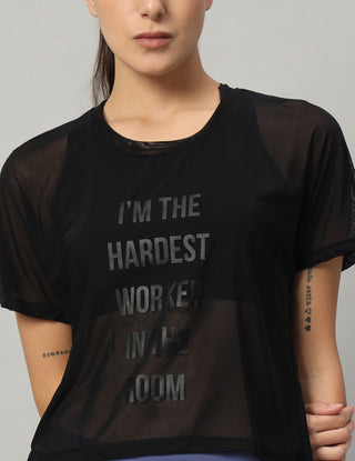 MKH Black Mesh Crop T-Shirt Women Breathable Workout Essential