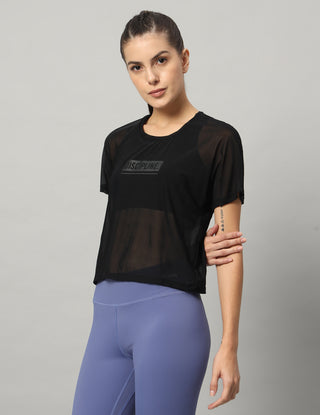 MKH Black Mesh Short Length T-Shirt Women Sporty Look