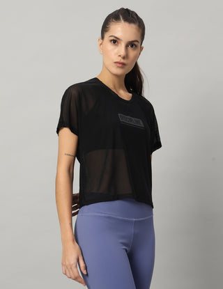 MKH Black Mesh Short Length T-Shirt Women Sporty Look