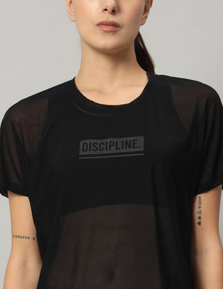MKH Black Mesh Short Length T-Shirt Women Sporty Look
