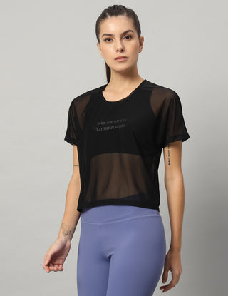 MKH Black Mesh Crop T-Shirt Women Stylish Gym Outfit