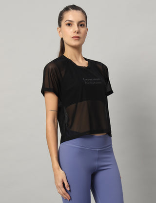 MKH Black Mesh Crop T-Shirt Women Stylish Gym Outfit