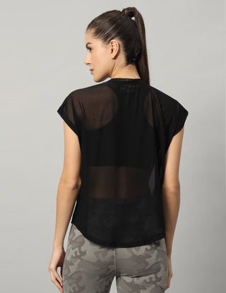 MKH Black Mesh T Shirt Womens Relaxed Curved Hem Fit