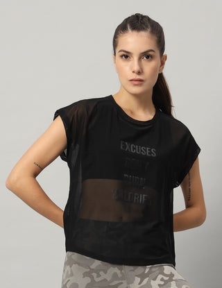 MKH Black Mesh T Shirt Womens Relaxed Curved Hem Fit