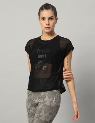 MKH Black Mesh T Shirt Womens Relaxed Curved Hem Fit