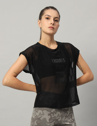 MKH Black Mesh T Shirt Womens Relaxed Curved Hem Fit