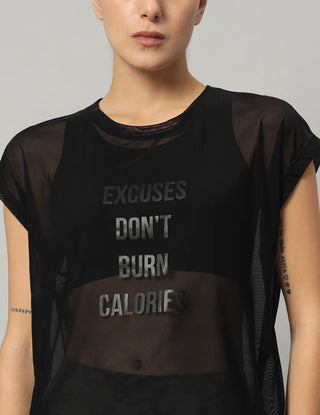 MKH Black Mesh T Shirt Womens Relaxed Curved Hem Fit