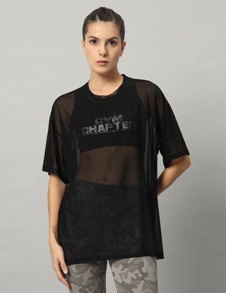 MKH Womens Black Oversized Mesh T-Shirt Breathable Yoga Wear