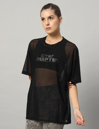 MKH Womens Black Oversized Mesh T-Shirt Breathable Yoga Wear