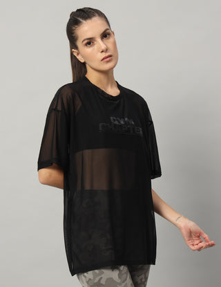 MKH Womens Black Oversized Mesh T-Shirt Breathable Yoga Wear