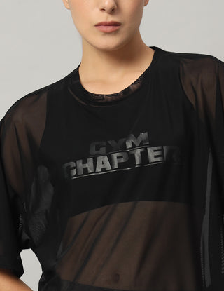 MKH Womens Black Oversized Mesh T-Shirt Breathable Yoga Wear
