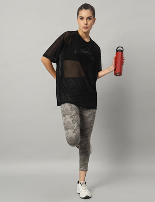MKH Womens Black Oversized Mesh T-Shirt Breathable Yoga Wear