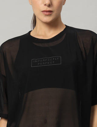 MKH Black Mesh T-Shirt Womens Oversized Fit Streetwear Style