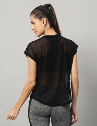MKH Black Sheer Mesh T Shirt Womens Curved Hem Style