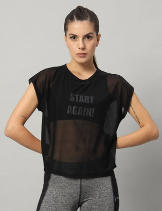 MKH Black Sheer Mesh T Shirt Womens Curved Hem Style