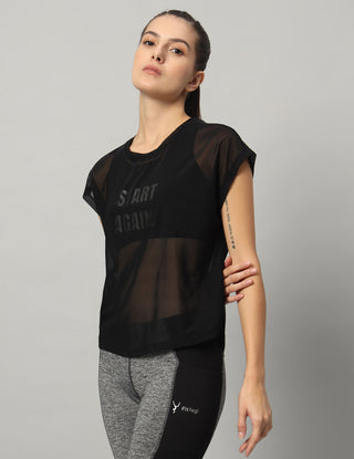 MKH Black Sheer Mesh T Shirt Womens Curved Hem Style