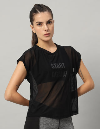 MKH Black Sheer Mesh T Shirt Womens Curved Hem Style