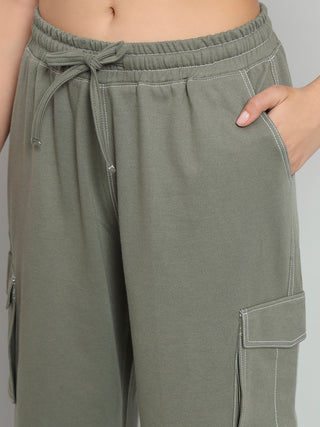 Women Green Mid-Rise Cargo Sports Track Pants