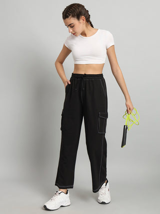 Women Black Mid-Rise Cargo Track Pants