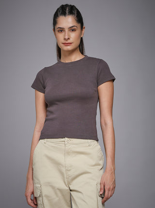 MKH Dark Grey Solid Maroon Body-Hug Ribbed Tee