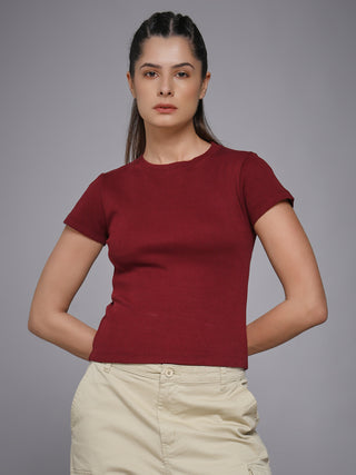 MKH Maroon Minimal Stretch Fit Ribbed T-Shirt