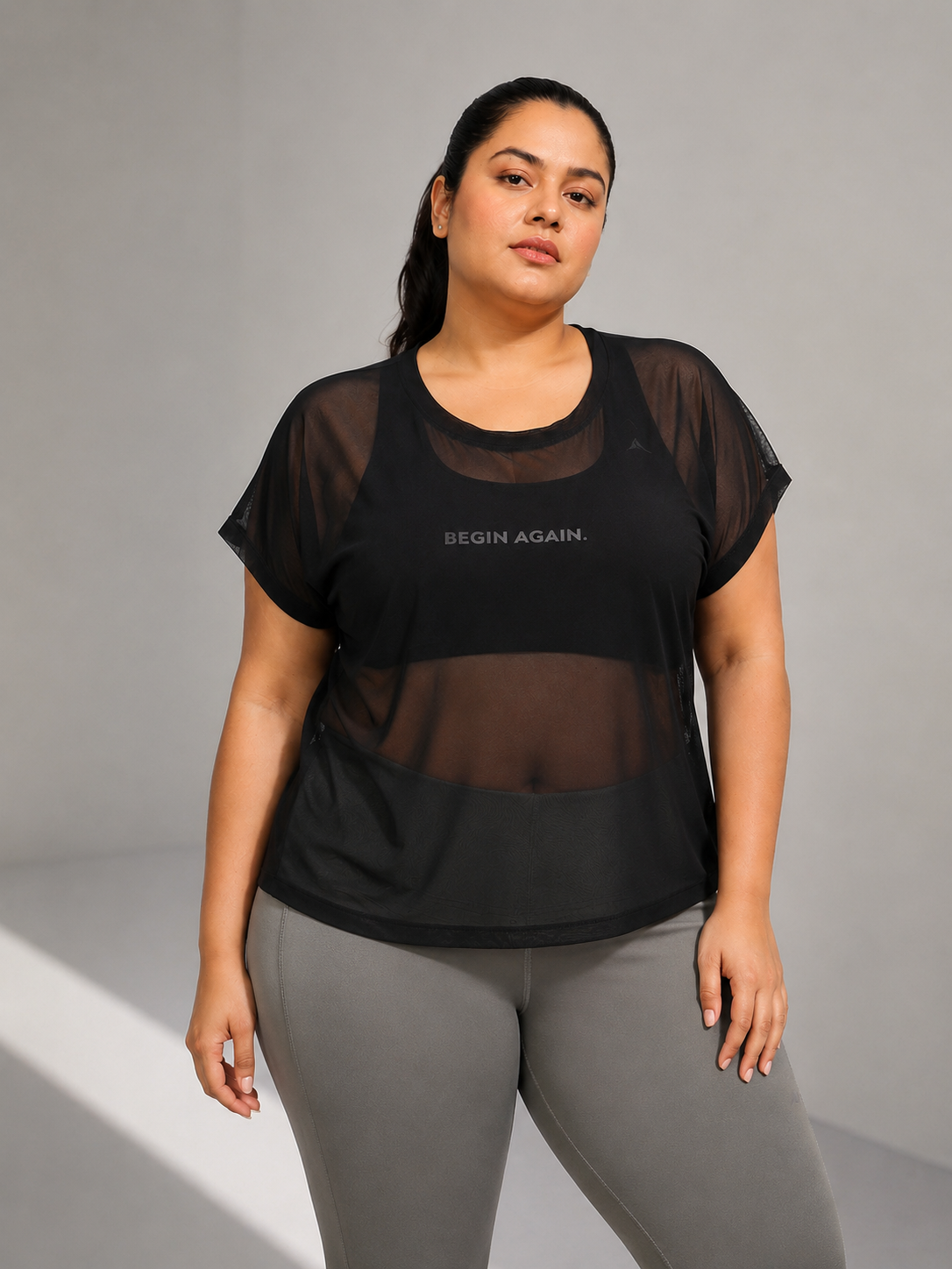 MKH Black Mesh Plus Size T-Shirt Women Lightweight Sporty Athleisure Wear