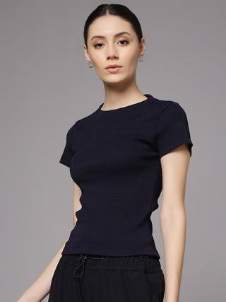 MKH Navy Blue Chic Ribbed Round Neck T-Shirt