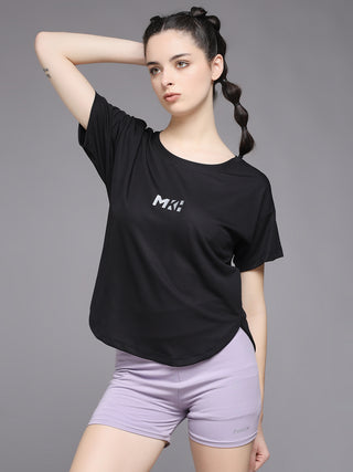 MKH Women Black Flexible Workout T-Shirt for Yoga and Training