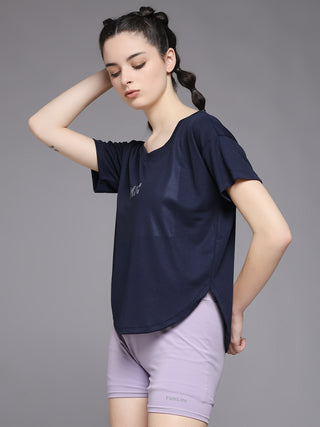 MKH Women Navy Blue Stretch Fit Activewear T-Shirt for Fitness and Running