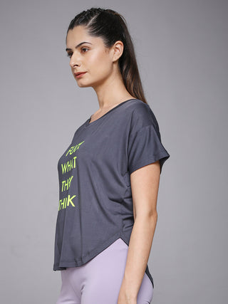 MKH Women Grey Daily Wear Elevated Essentials Typography Printed Relaxed Fit T-Shirt