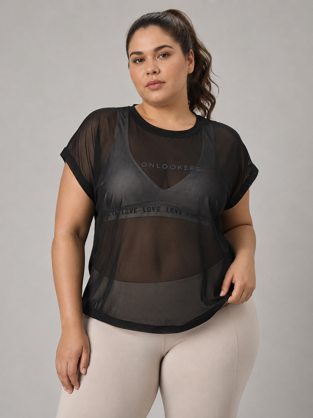 MKH Black Mesh  Plus Size T-Shirt Women Breathable Layering Activewear