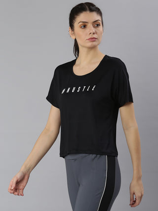 HUSTLE WOMEN BLACK DRI-FIT ROUND NECK CROP T-SHIRT