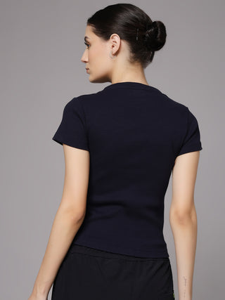 MKH Navy Blue Chic Ribbed Round Neck T-Shirt