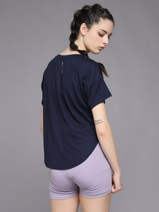 MKH Women Navy Blue Stretch Fit Activewear T-Shirt for Fitness and Running