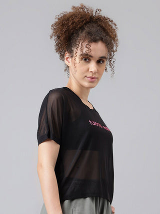 MKH Black Womens Mesh Crop T Shirt Breathable Gymwear