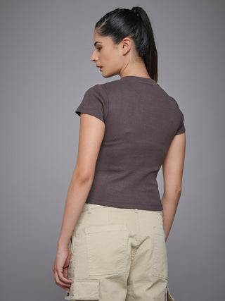 MKH Dark Grey Solid Maroon Body-Hug Ribbed Tee