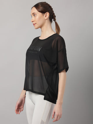 YOU CAN WOMEN BLACK MESH RELAXED FIT T-SHIRT