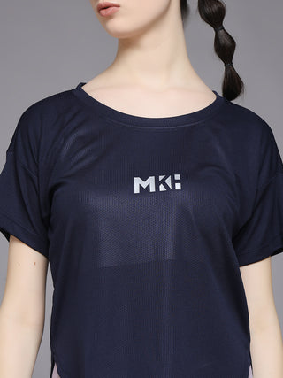 MKH Women Navy Blue Stretch Fit Activewear T-Shirt for Fitness and Running