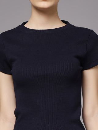 MKH Navy Blue Chic Ribbed Round Neck T-Shirt
