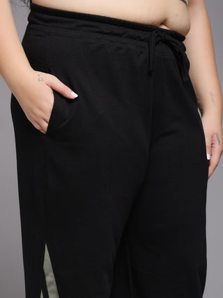 MKH Women Plus Size Black High Rise Wide Leg Track Pants