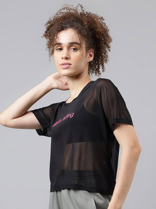 MKH Black Womens Mesh Crop T Shirt Breathable Gymwear
