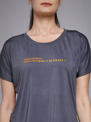 MKH Women Grey Lifestyle Typography Printed Round Neck Relaxed Fit T-Shirt