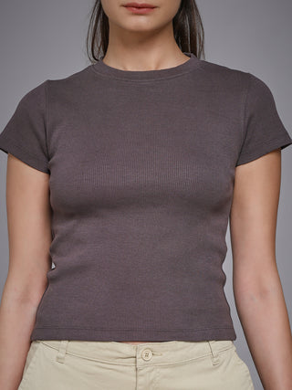 MKH Dark Grey Solid Maroon Body-Hug Ribbed Tee