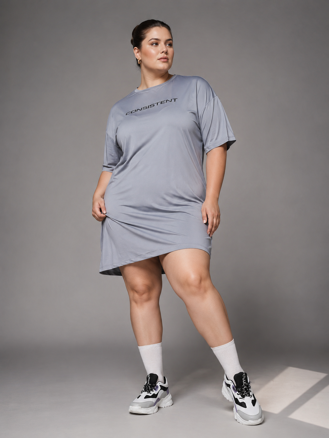 MKH Light Grey Women Smart Vent Long Fit Plus Size T-Shirt – Moisture Control & Flexible Fabric