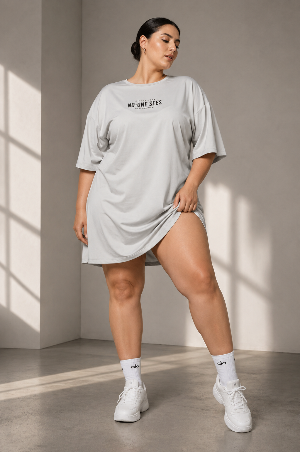 MKH Sand Grey Women Ultra Flex Long Plus Size Tee – Cooling Comfort for Gym & Daily Wear