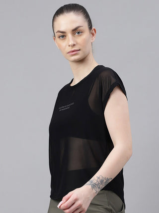 MKH Black Mesh T-Shirt Women Relaxed Curved Hem Activewear