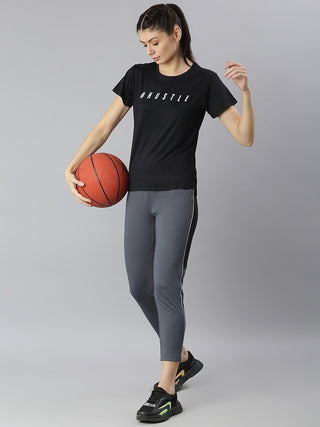 HUSTLE WOMEN BLACK DRI-FIT ROUND NECK HIGH LOW T-SHIRT