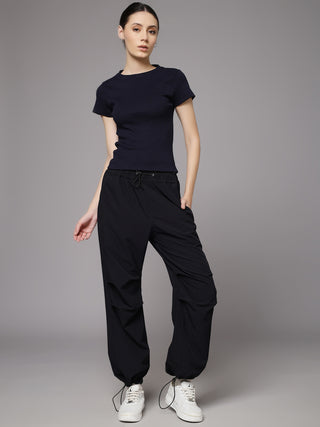 MKH Navy Blue Chic Ribbed Round Neck T-Shirt