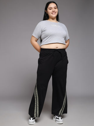 MKH Women Plus Size Black High Rise Wide Leg Track Pants